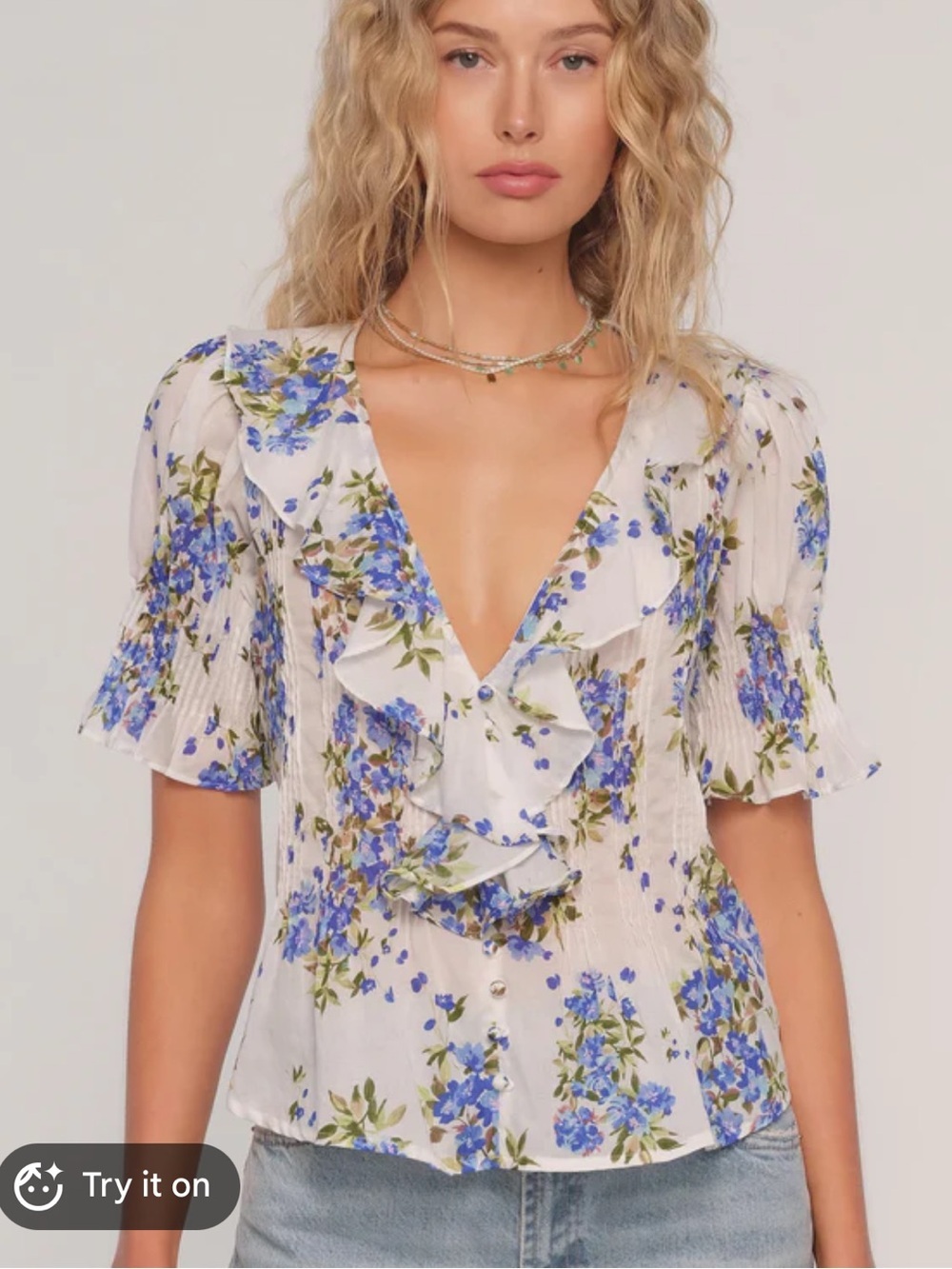 Heartloom White Floral Ruffle V-Neck Blouse with Blue Print